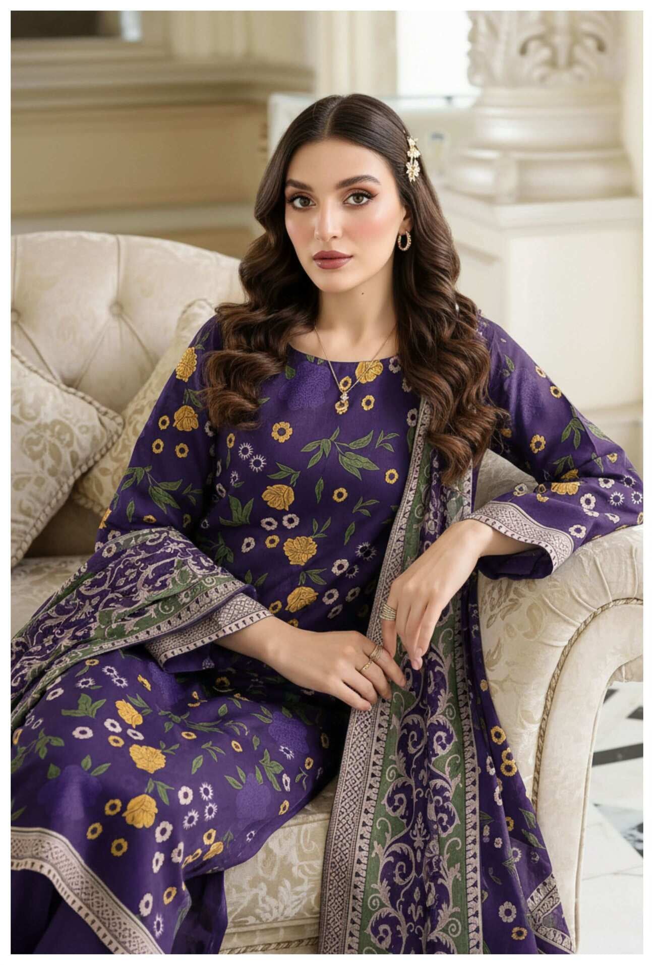 Royal Purple floral printed 3-piece lawn suit featuring a top, trousers, and dupatta with vibrant floral designs.