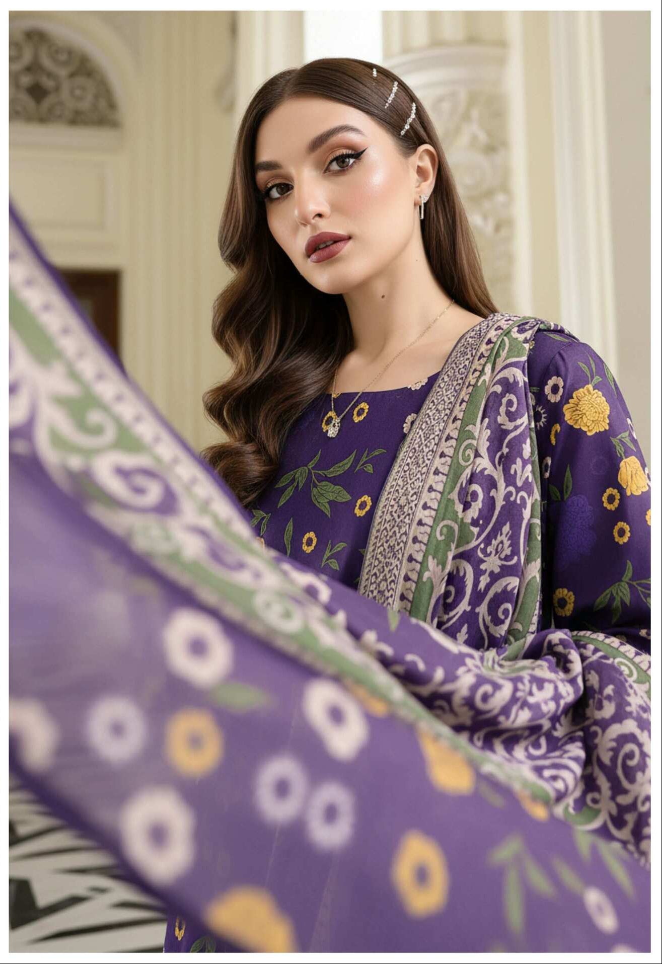 Royal Purple floral printed 3-piece lawn suit with matching dupatta, featuring intricate embroidery and vibrant floral design.