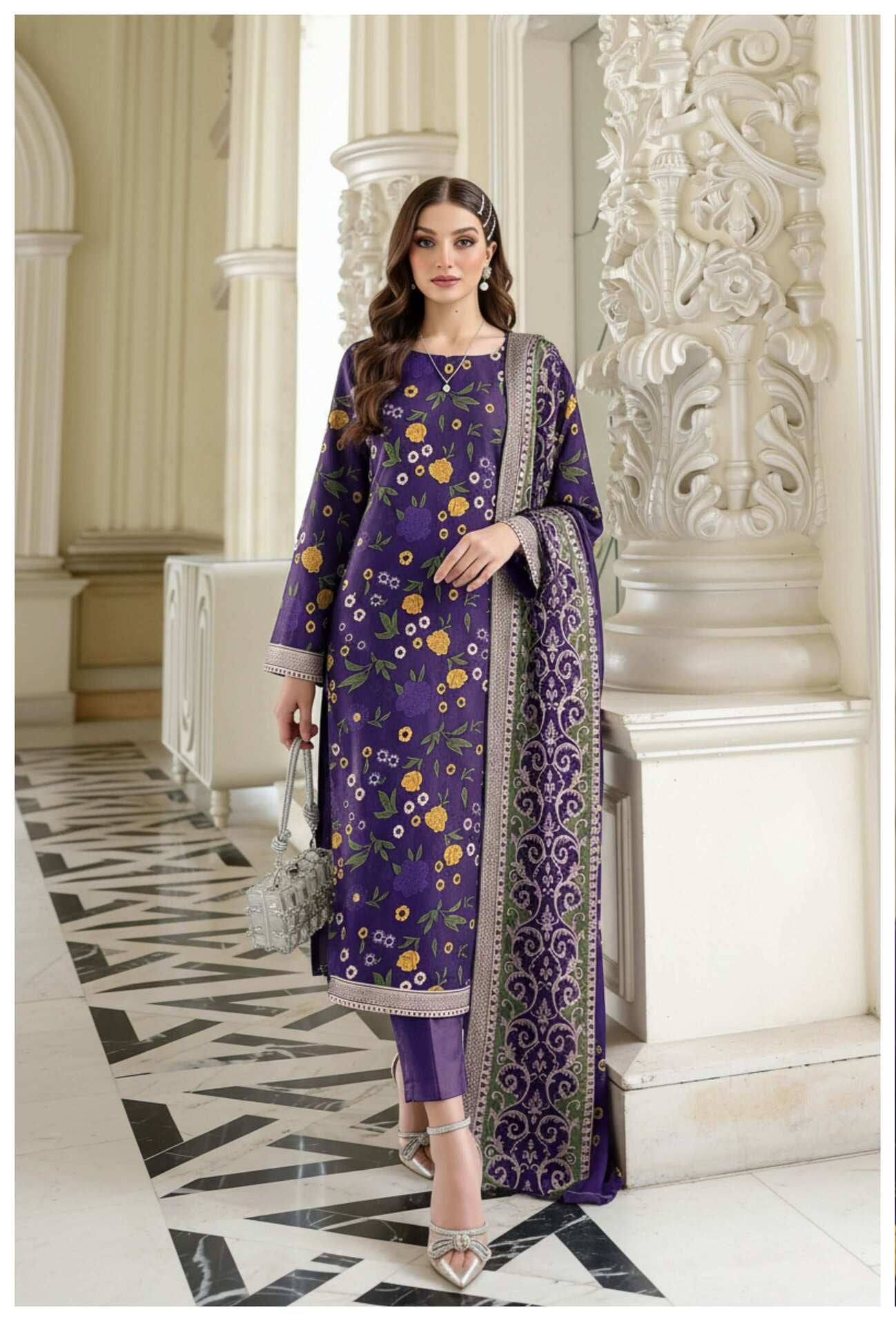Royal Purple floral printed 3-piece lawn suit with matching dupatta and trousers, perfect for summer wear.