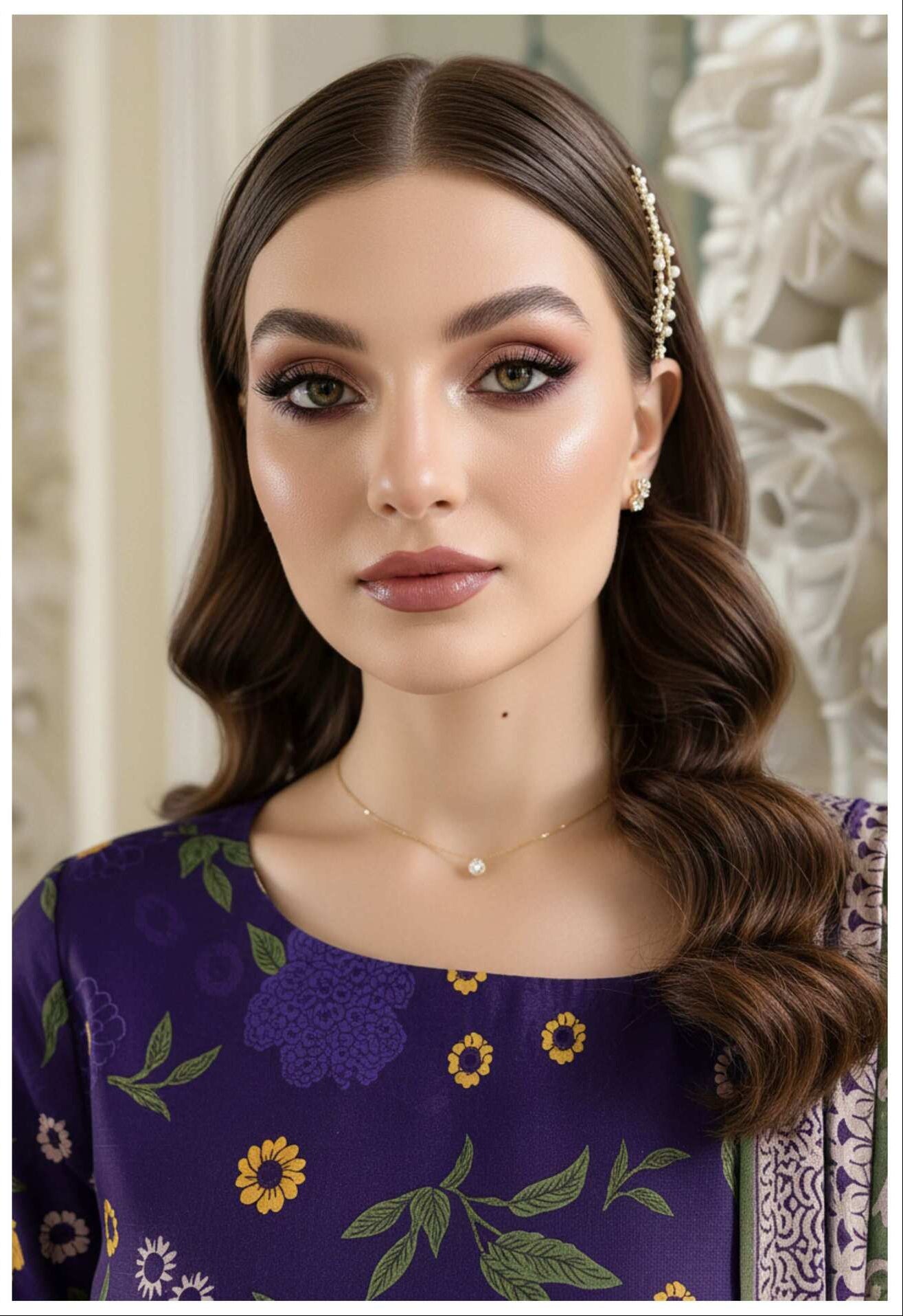 Royal Purple floral printed 3-piece lawn suit with embroidered details and matching dupatta, ideal for summer wear.