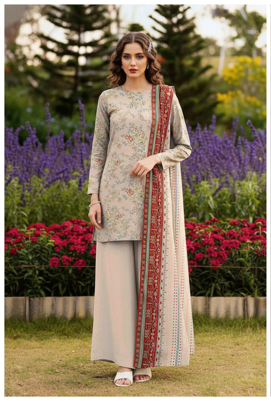 Floral Serenity 3-piece lawn suit by My Store featuring a colorful floral printed dress, matching dupatta, and lawn fabric accessories.