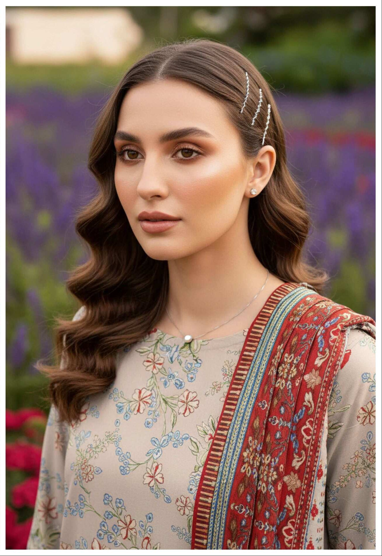 Floral Serenity 3-piece lawn suit from My Store featuring a colorful floral print with a matching shirt, trousers, and dupatta.
