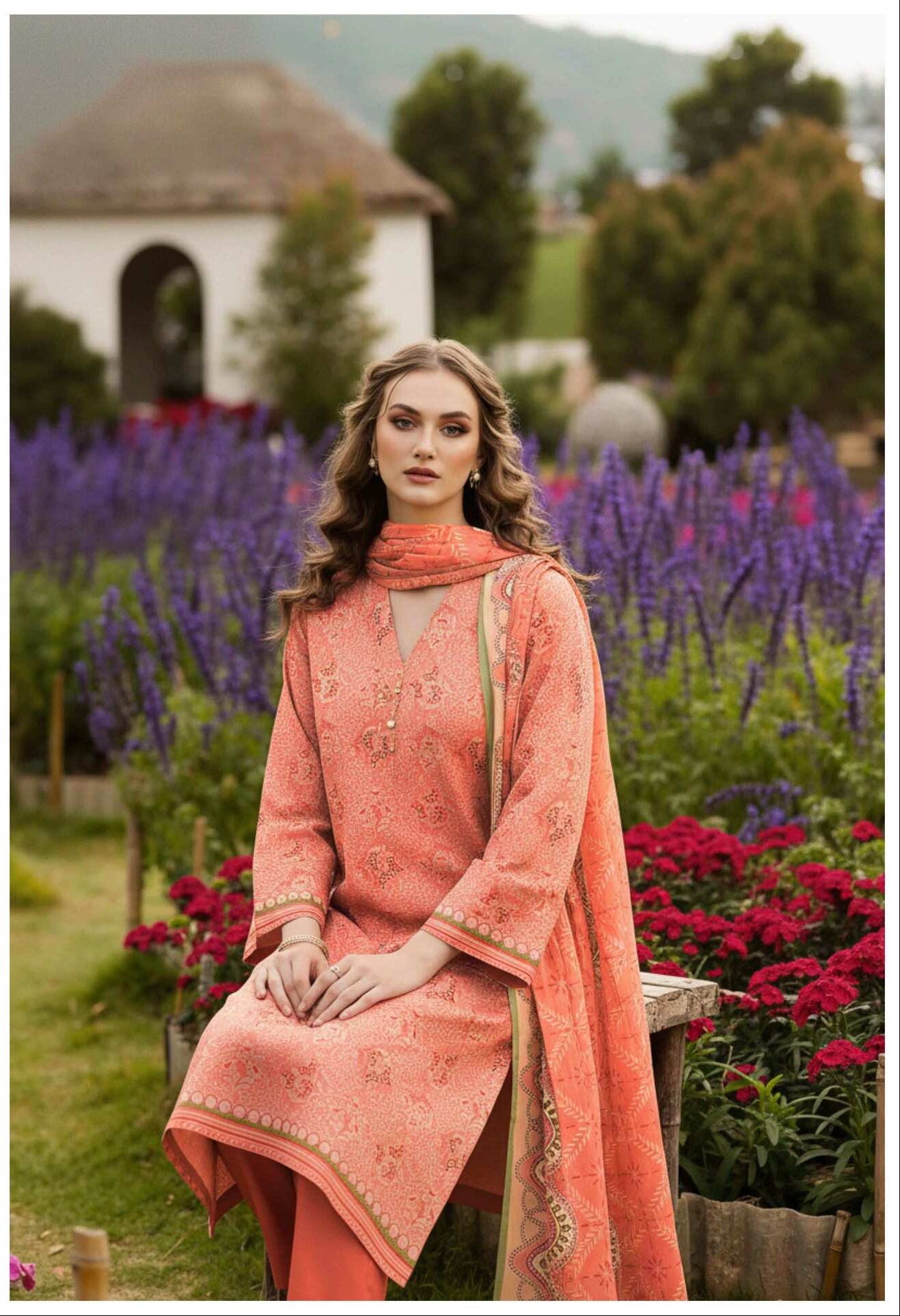 Coral Bloom 3-piece lawn suit from My Store featuring a vibrant floral top, matching pants, and a coordinated skirt.