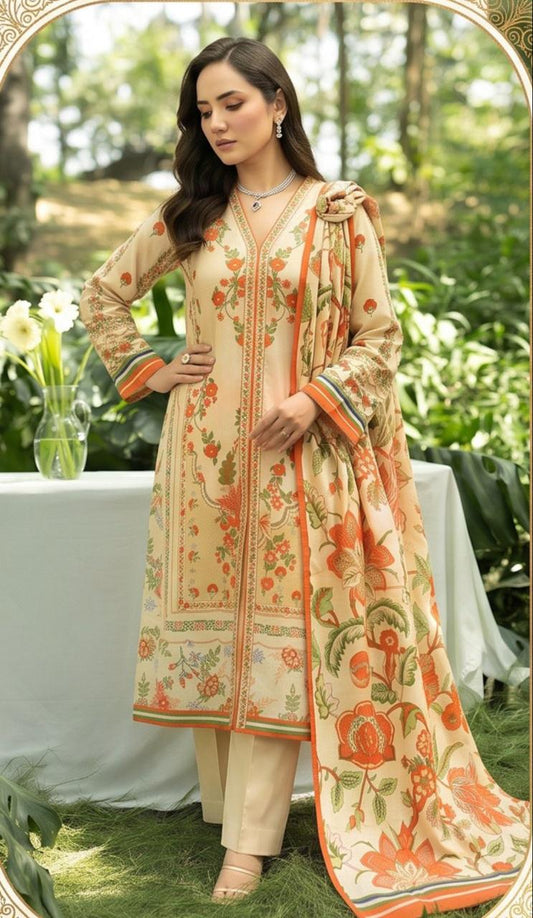 Noreya Loom Winter Bloom premium floral 3-piece suit featuring a richly patterned jacket, trousers, and matching top on a mannequin.