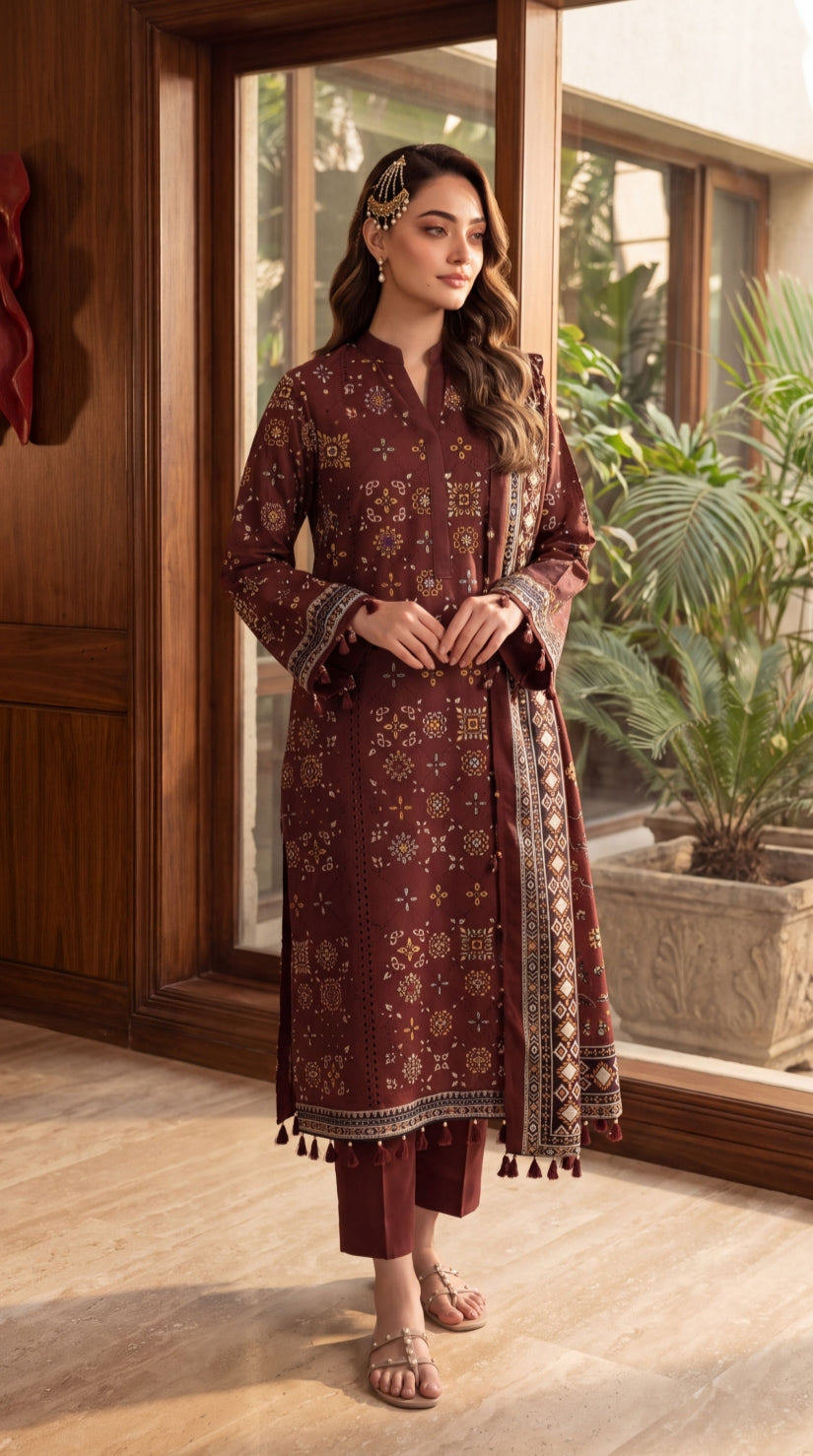 Noreya Loom maroon heritage printed 3-piece winter suit, featuring traditional patterns and warm fabric for cold weather wear.