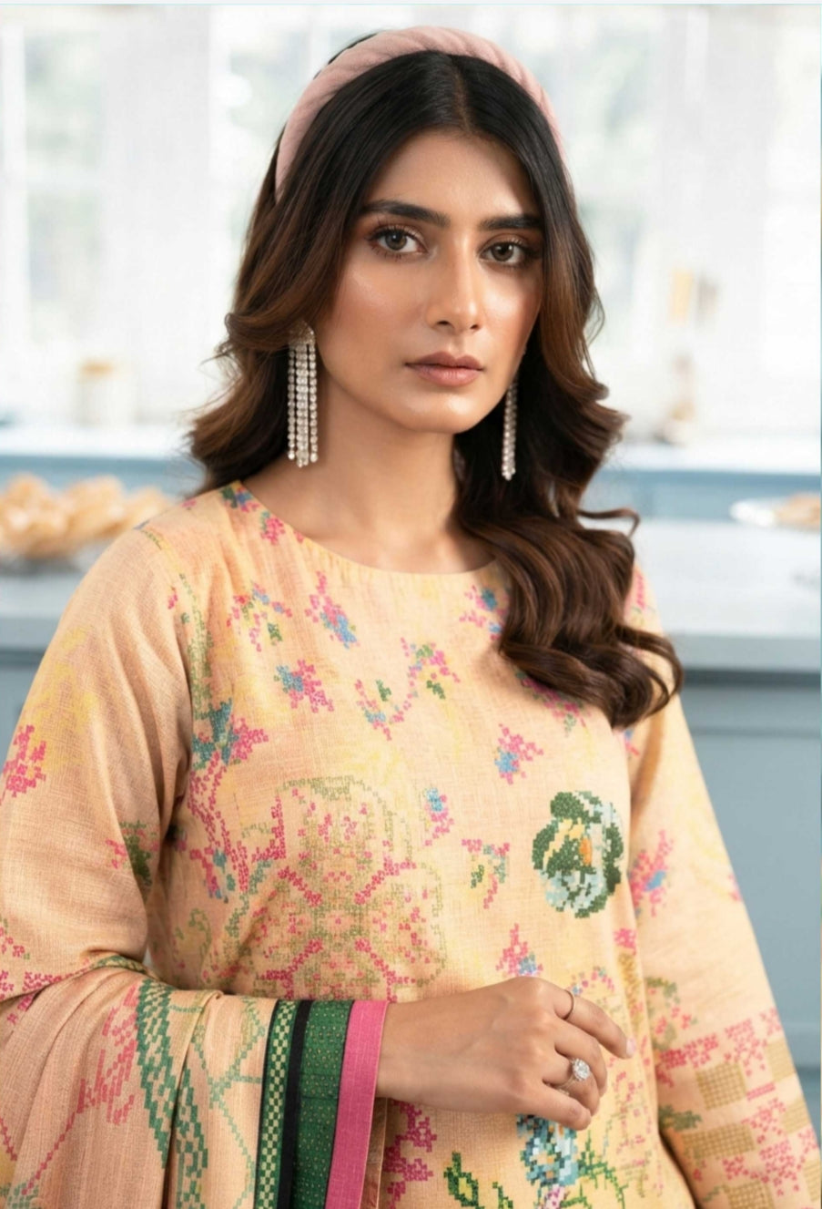Noreya Loom Blossom Peach Floral 3-Piece Winter Suit displayed on a model, featuring a floral print jacket, pants, and top.