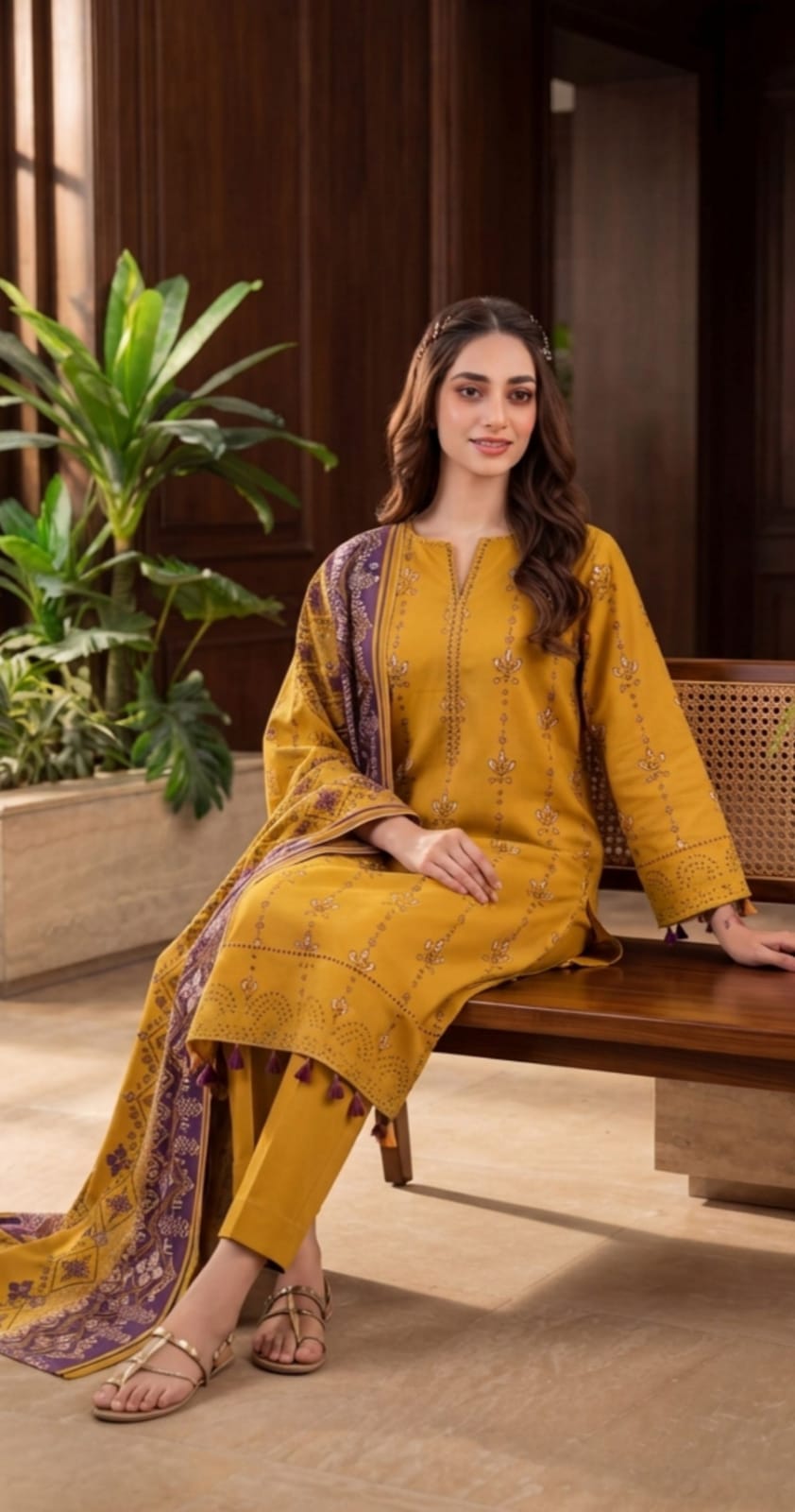 Noreya Loom Mustard Heritage Winter Collection printed 3-piece suit with traditional design and intricate patterns.