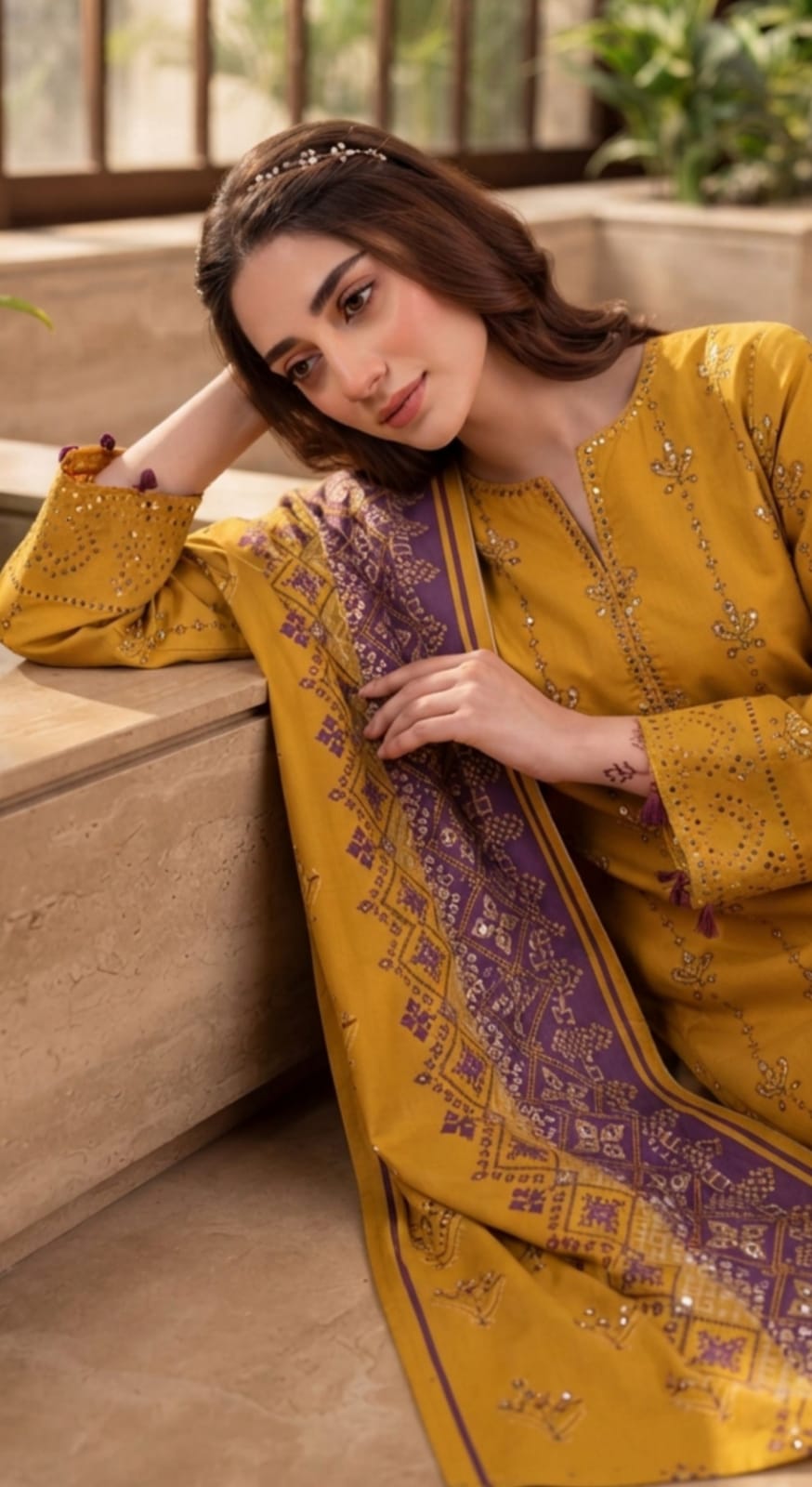 Noreya Loom Mustard Heritage Winter Collection printed 3-piece suit with traditional patterns and fabric details.