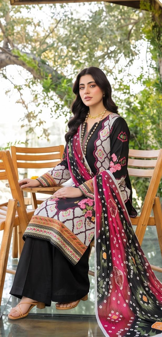 Noreya Loom Royale elegant printed 3-piece suit, featuring a stylish jacket, matching trousers, and a printed dupatta.