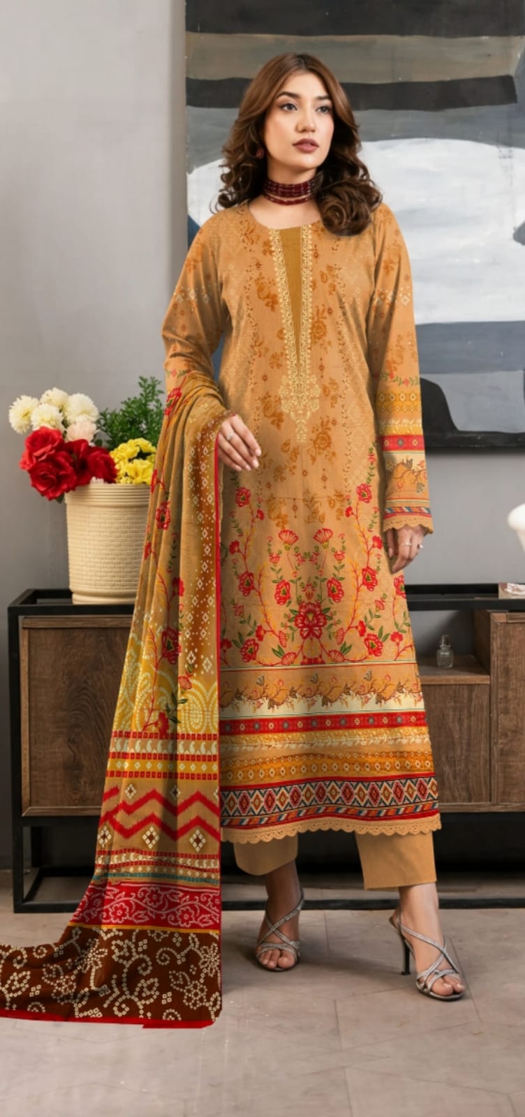 Noreya Loom Heritage mustard printed 3-piece winter suit featuring traditional patterns and warm fabric for stylish winter wear.