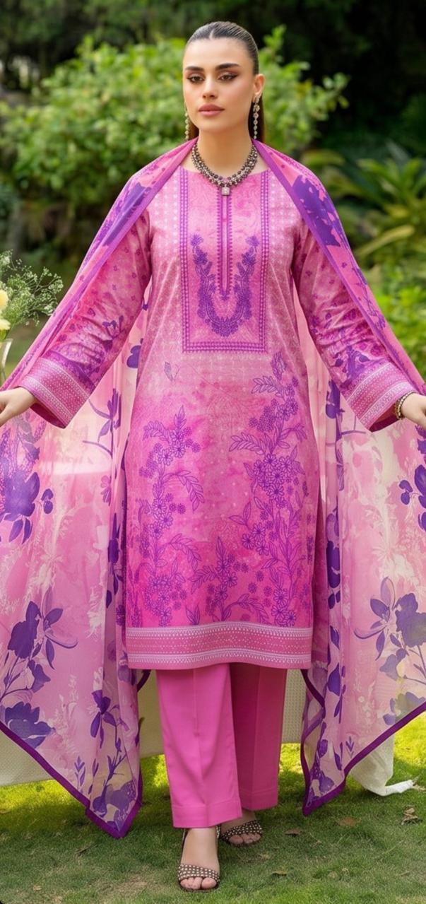 Noreya Loom Winter Blossom pink and purple floral 3-piece suit, featuring a stylish top, pants, and matching scarf on white background.