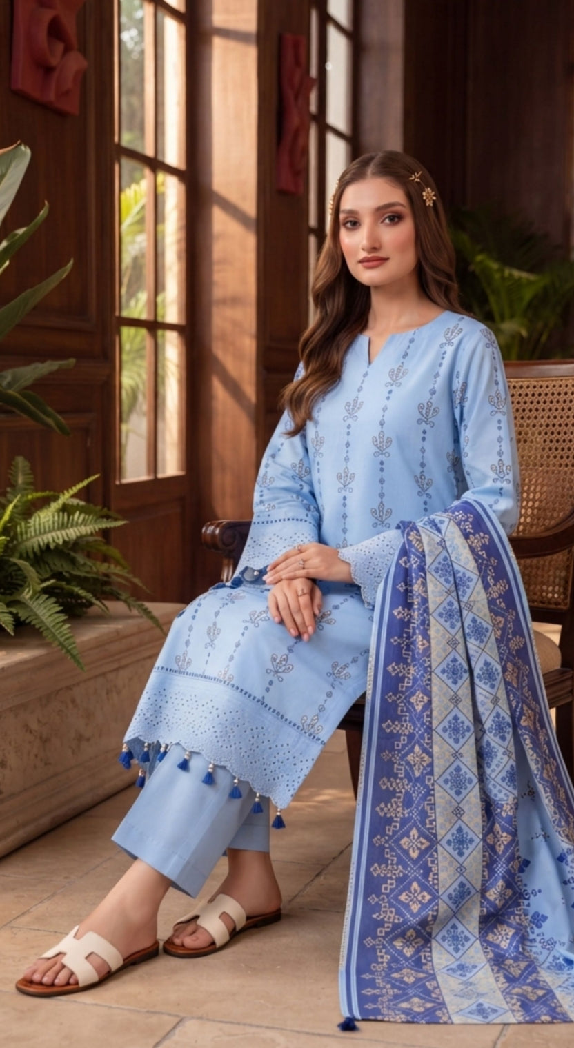 Elegant blue embroidered 3-piece lawn suit with printed dupatta by Noreya Loom, featuring intricate embroidery and vibrant fabric details.