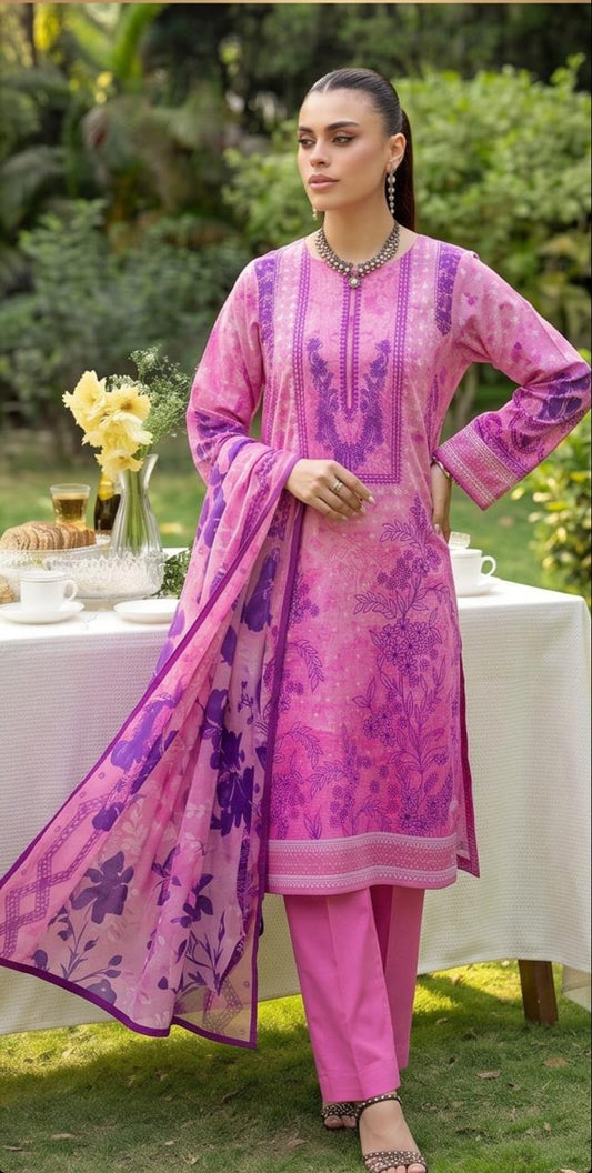 Noreya Loom Winter Blossom pink and purple floral 3-piece suit, featuring a stylish top, bottom, and matching scarf.
