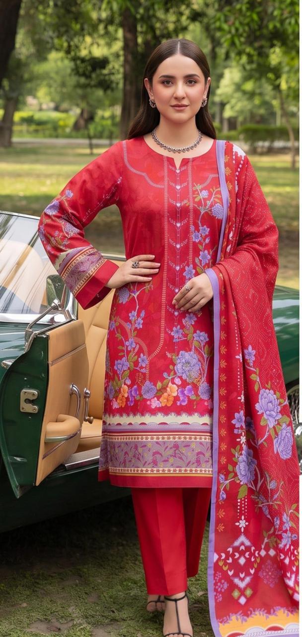 Elegant Winter Crimson floral 3-piece suit by Noreya Loom, featuring intricate design and stylish fabric for sophisticated wear.