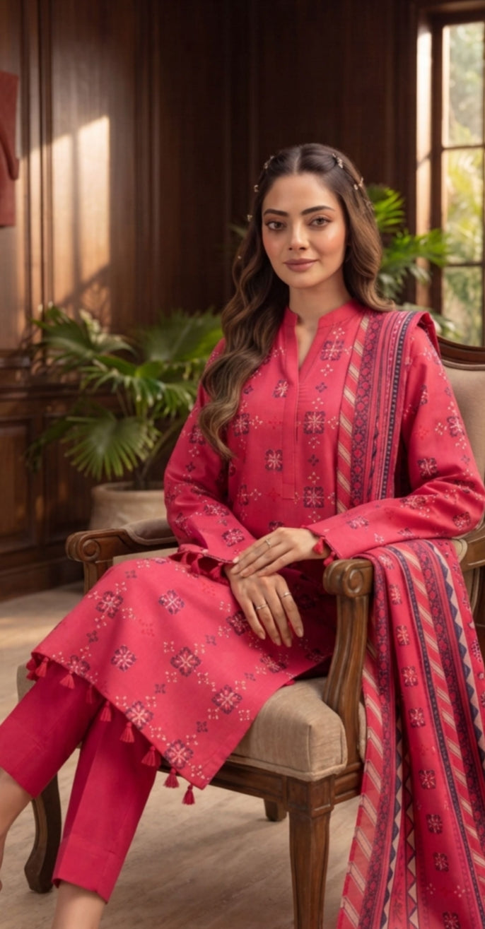 Pink winter premium printed 3-piece suit by Noreya Loom, featuring a stylish coat, trousers, and matching top set.