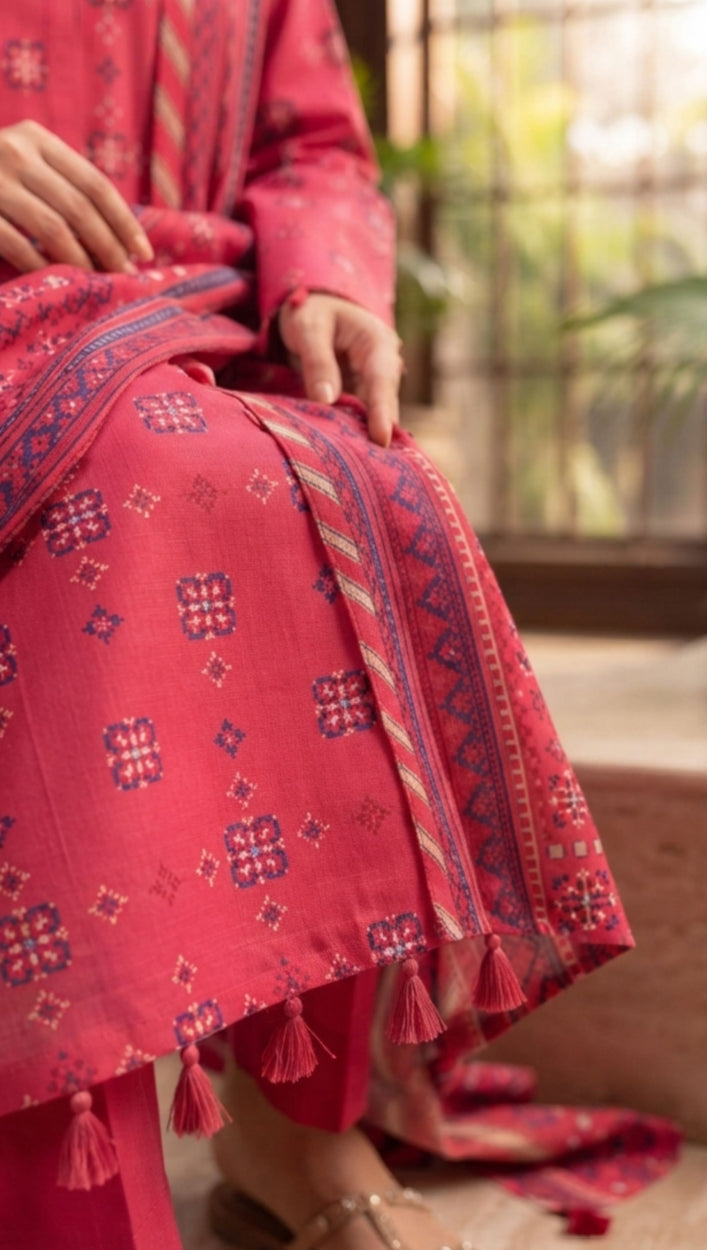 Pink winter premium printed 3-piece suit by Noreya Loom featuring stylish design and comfortable fit for cold weather.