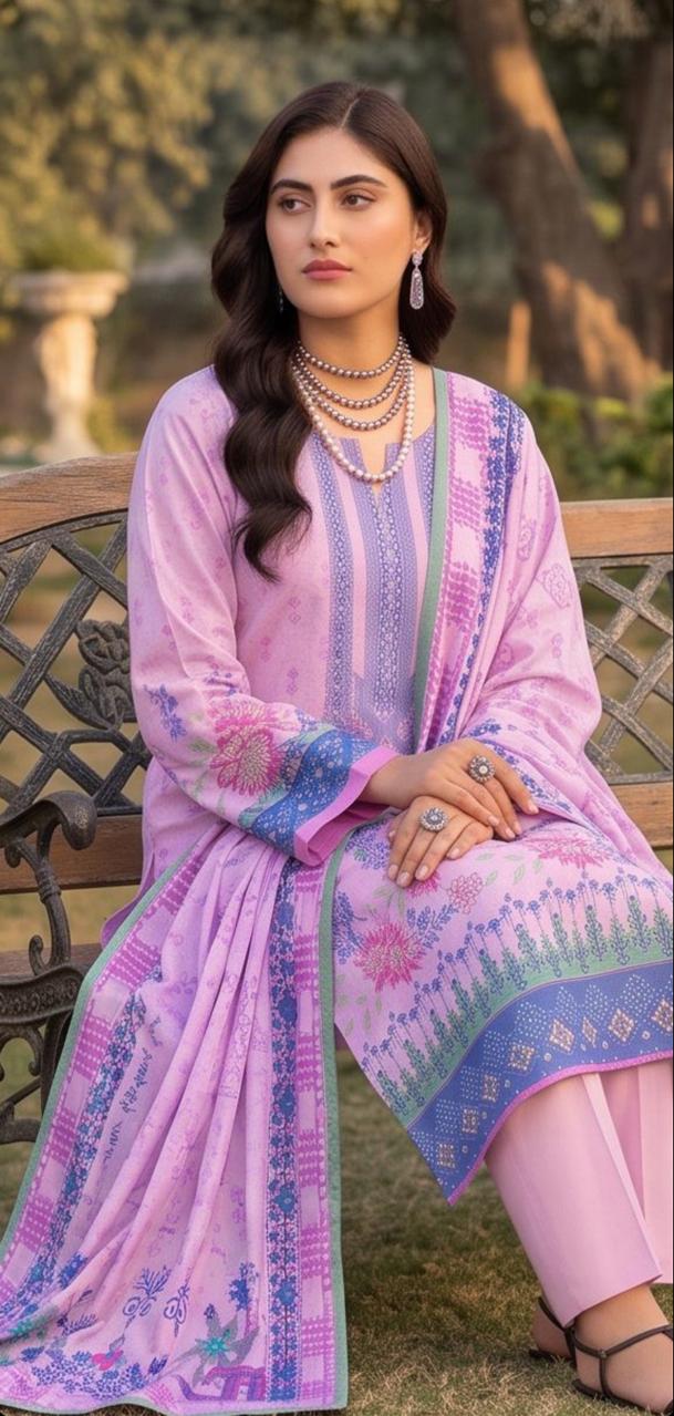 Pastel pink printed winter 3-piece suit by Noreya Loom, featuring a cozy top, matching pants, and a stylish scarf.