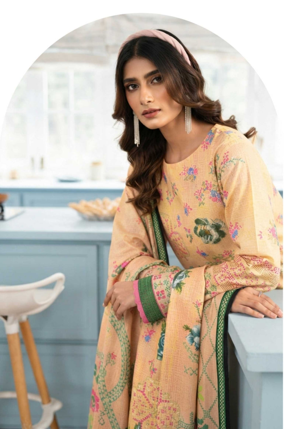Noreya Loom Blossom Peach Floral 3-Piece Winter Suit with a floral print, featuring a jacket, trousers, and top.
