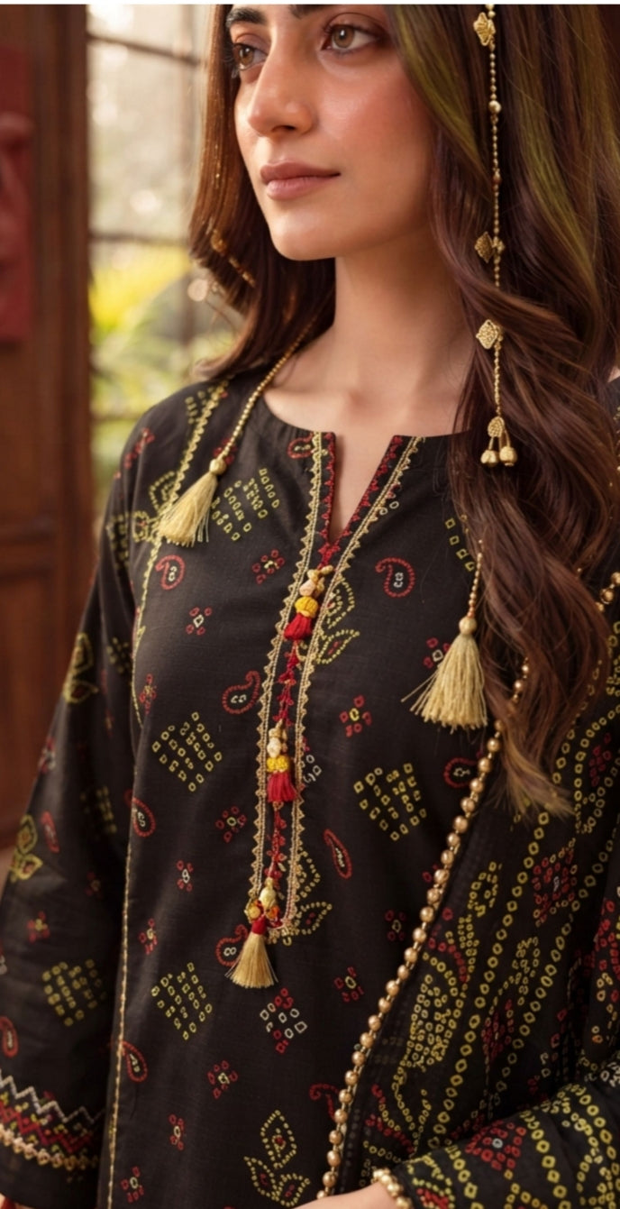 Noreya Loom Midnight Black Bandhani Print 3-Piece Winter Suit with intricate traditional design and warm fabric for winter wear.