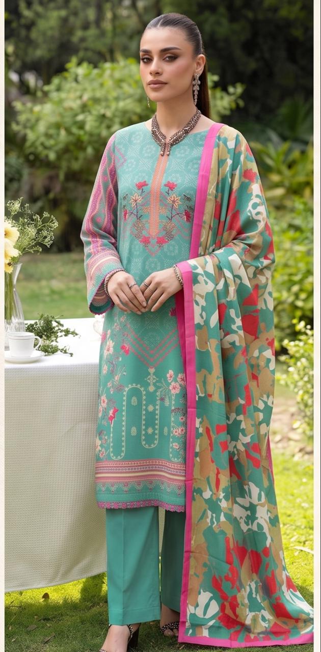 Elegant aqua floral 3-piece winter mint suit by Noreya Loom featuring intricate embroidery and stylish design.