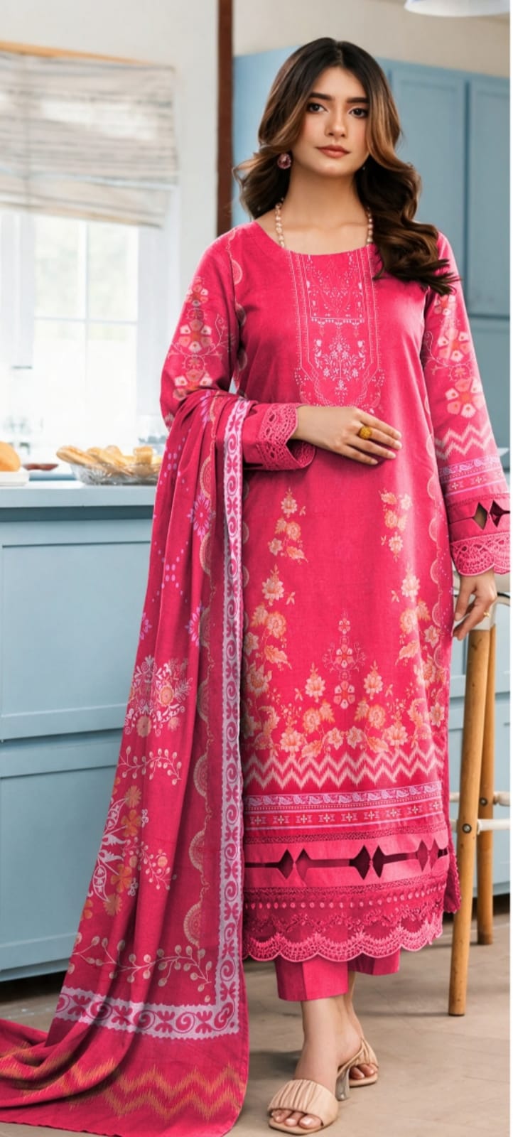 Rose pink Bloom 3-piece winter suit by Noreya Loom, featuring floral printed fabric, cozy design, and warm winter clothing.