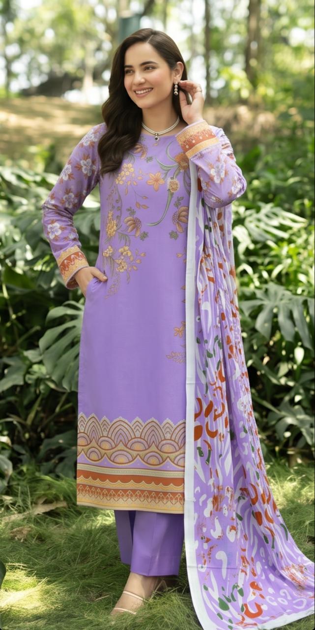 Women’s lavender floral winter 3-piece suit by Noreya Loom, featuring a printed top, pants, and matching jacket, styled for cold weather.