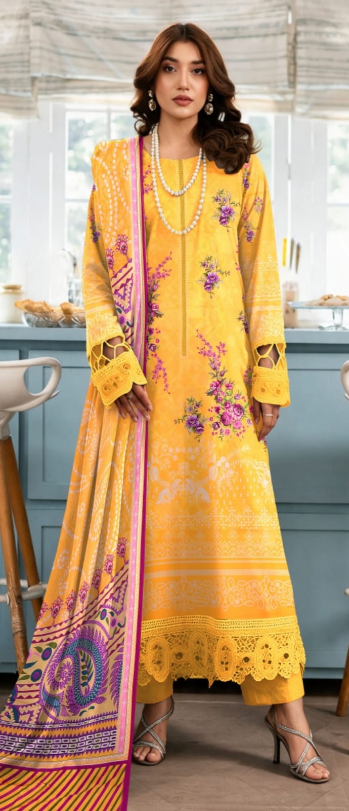 Yellow printed 3-piece winter suit by Noreya Loom, featuring intricate patterns and a tailored fit for elegant winter wear.