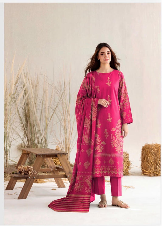 Magenta pink floral print women’s winter 3-piece suit by Noreya Loom, featuring a kurta, churidar, and dupatta with intricate floral designs.