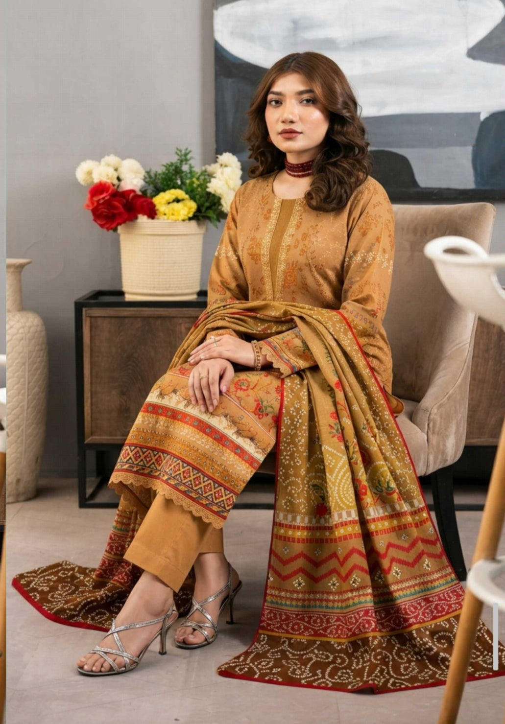 Noreya Loom Heritage mustard printed 3-piece winter suit with traditional design and cozy fabric, shown on a hanger.