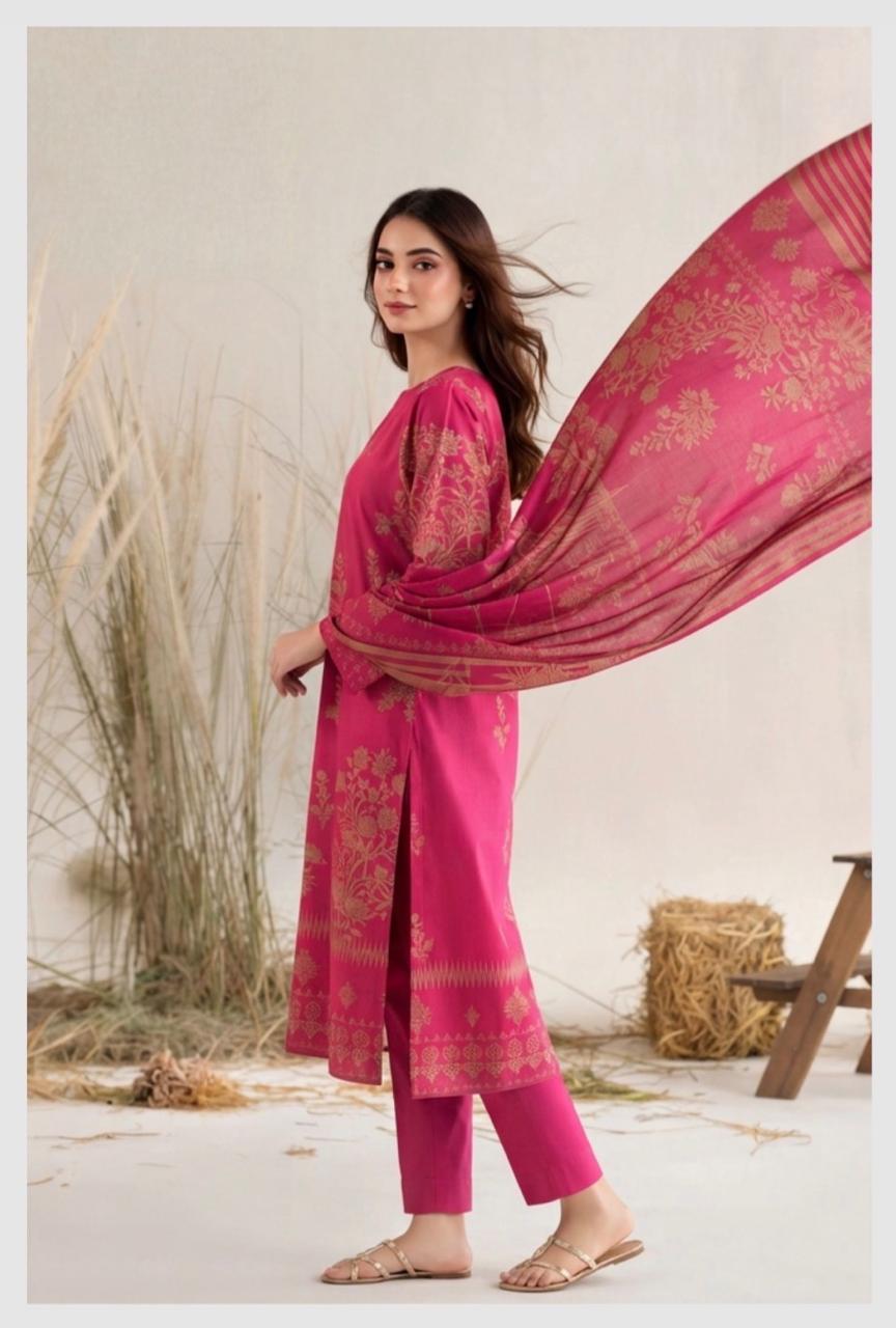 Magenta pink floral printed women's winter 3-piece suit by Noreya Loom, featuring a matching top, pants, and dupatta.