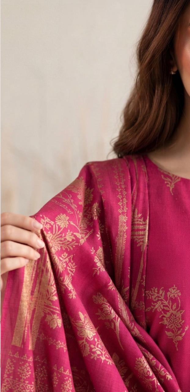 Magenta pink floral printed women's winter 3-piece suit by Noreya Loom, featuring a top, pants, and dupatta with vibrant floral design.