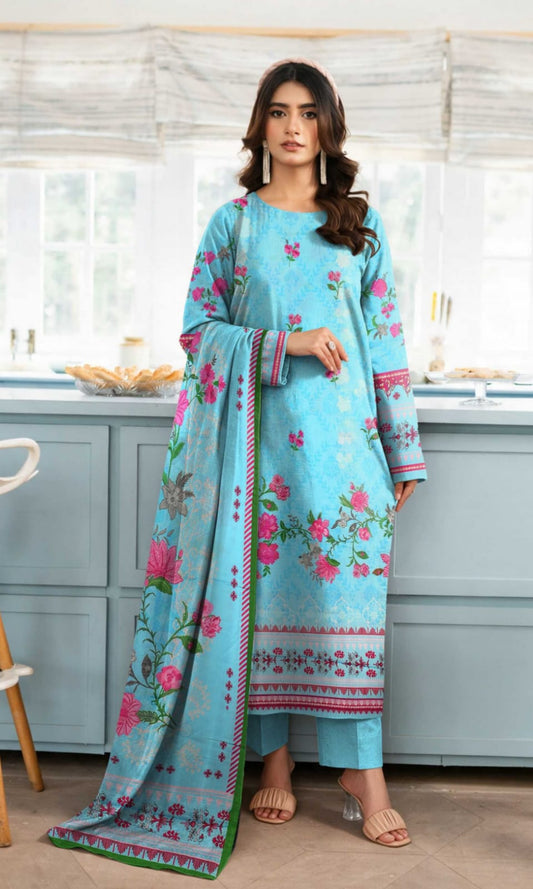 Noreya Loom Premium Sky Blue Floral Winter 3-Piece Printed Suit featuring a floral pattern, jacket, pants, and matching top.