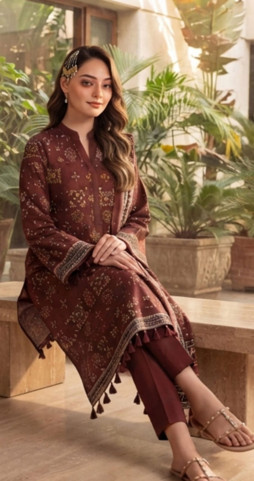 Maroon Heritage Printed 3-Piece Winter Suit from Noreya Loom, featuring traditional patterns and warm fabric for winter wear.
