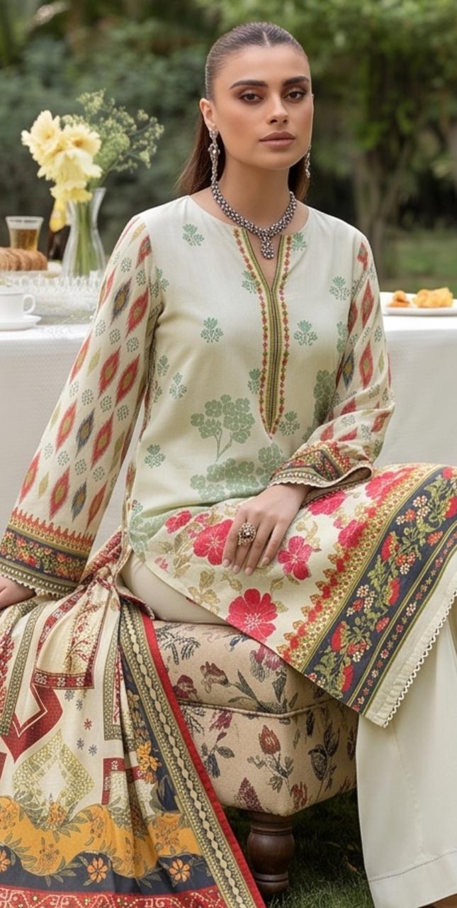 Ivory printed 3-piece winter suit from Noreya Loom with elegant floral design, including top, pants, and shawl, styled for winter.