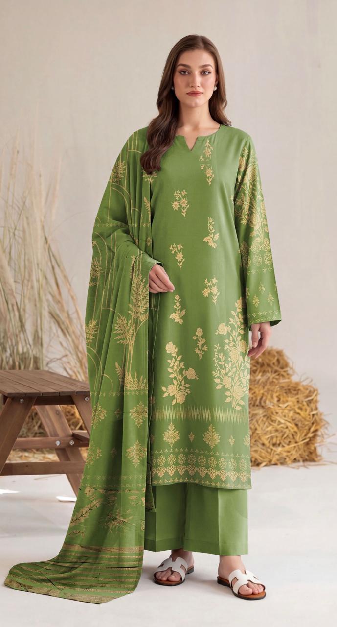 Olive green floral printed 3-piece women's winter suit by Noreya Loom, featuring a matching top, pants, and dupatta.