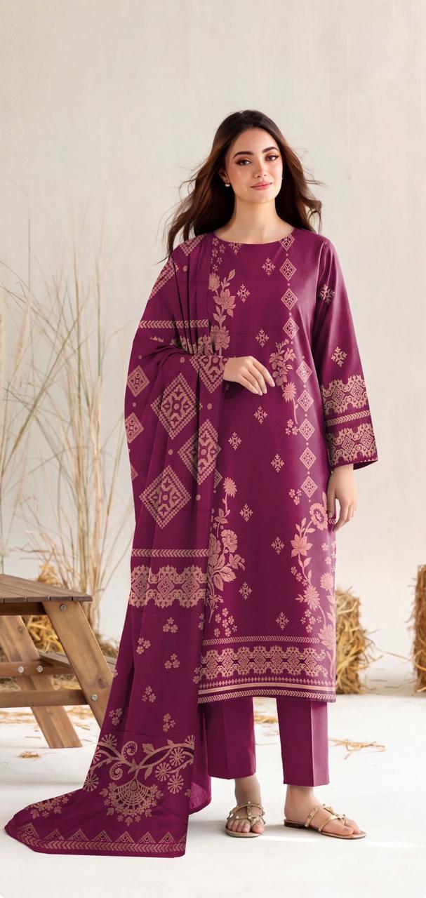 Noreya Loom plum maroon floral printed 3-piece winter suit for women, featuring a stylish top, dupatta, and matching pants.