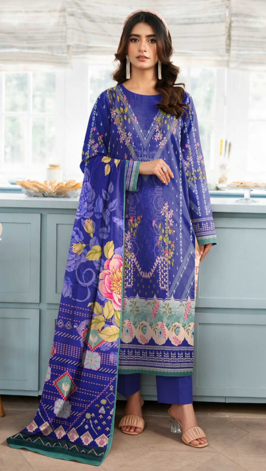 Noreya Loom premium royal blue floral winter 3-piece printed suit featuring a jacket, trousers, and top with intricate floral patterns.