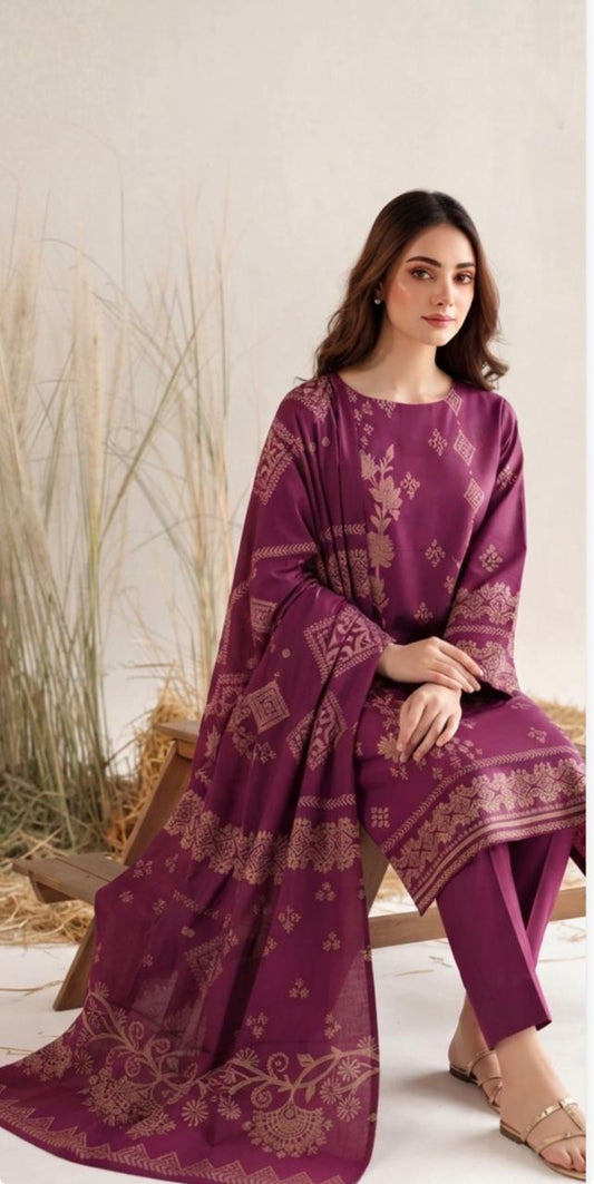 Noreya Loom plum maroon floral printed women's winter 3-piece suit with a matching top, pants, and dupatta, suitable for festive wear.