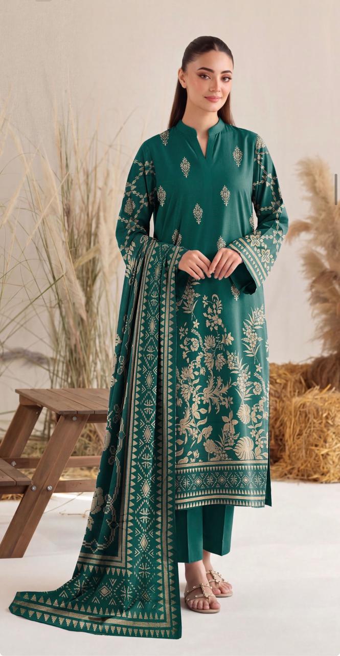 Emerald teal floral printed women's winter 3-piece suit by Noreya Loom, showcasing the elegant floral design and layered fabric.