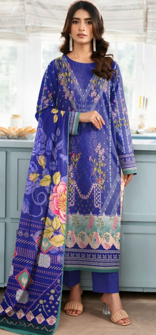 Noreya Loom premium royal blue floral winter 3-piece printed suit featuring a jacket, trousers, and top with floral pattern.