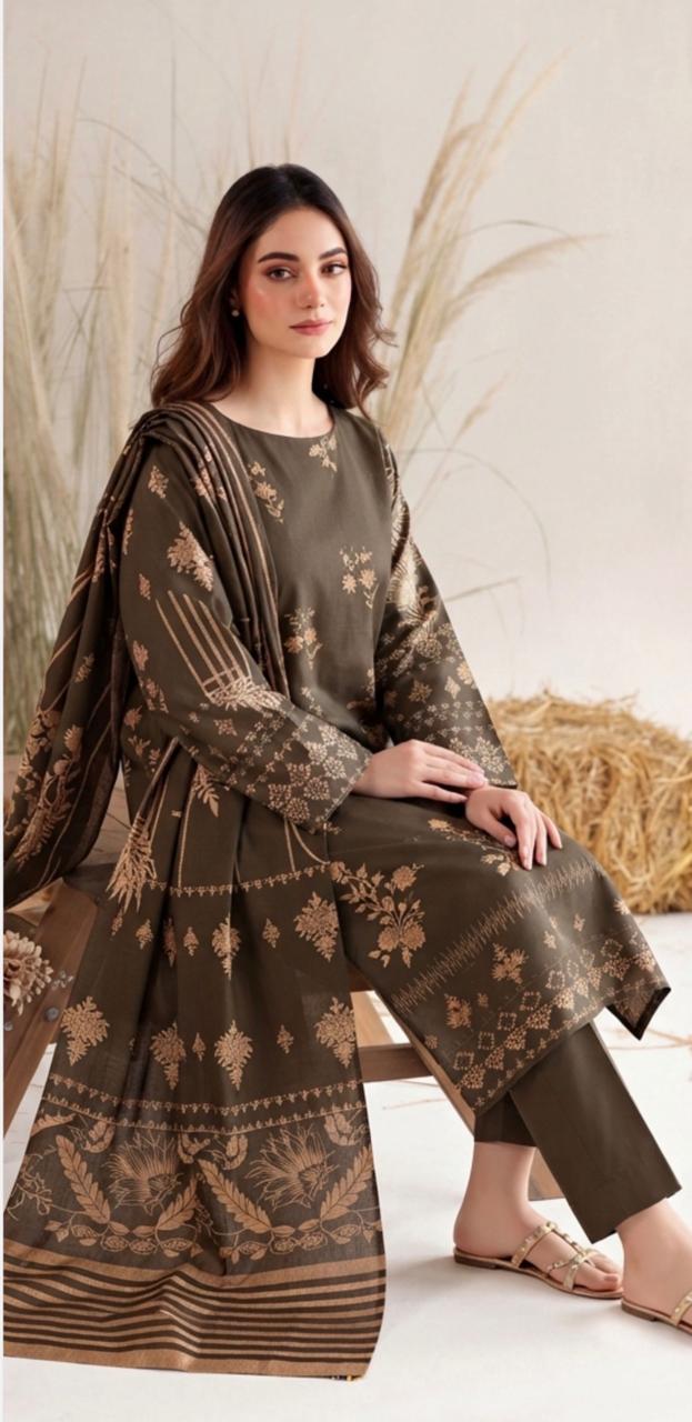 Chocolate brown floral printed women's winter 3-piece suit by Noreya Loom, showcasing the jacket, pants, and matching scarf.