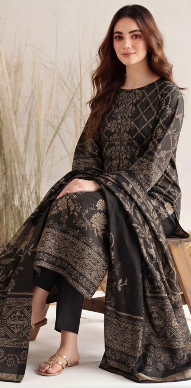 Chocolate brown floral printed women's winter 3-piece suit by Noreya Loom, featuring a stylish jacket, kurta, and matching pants.