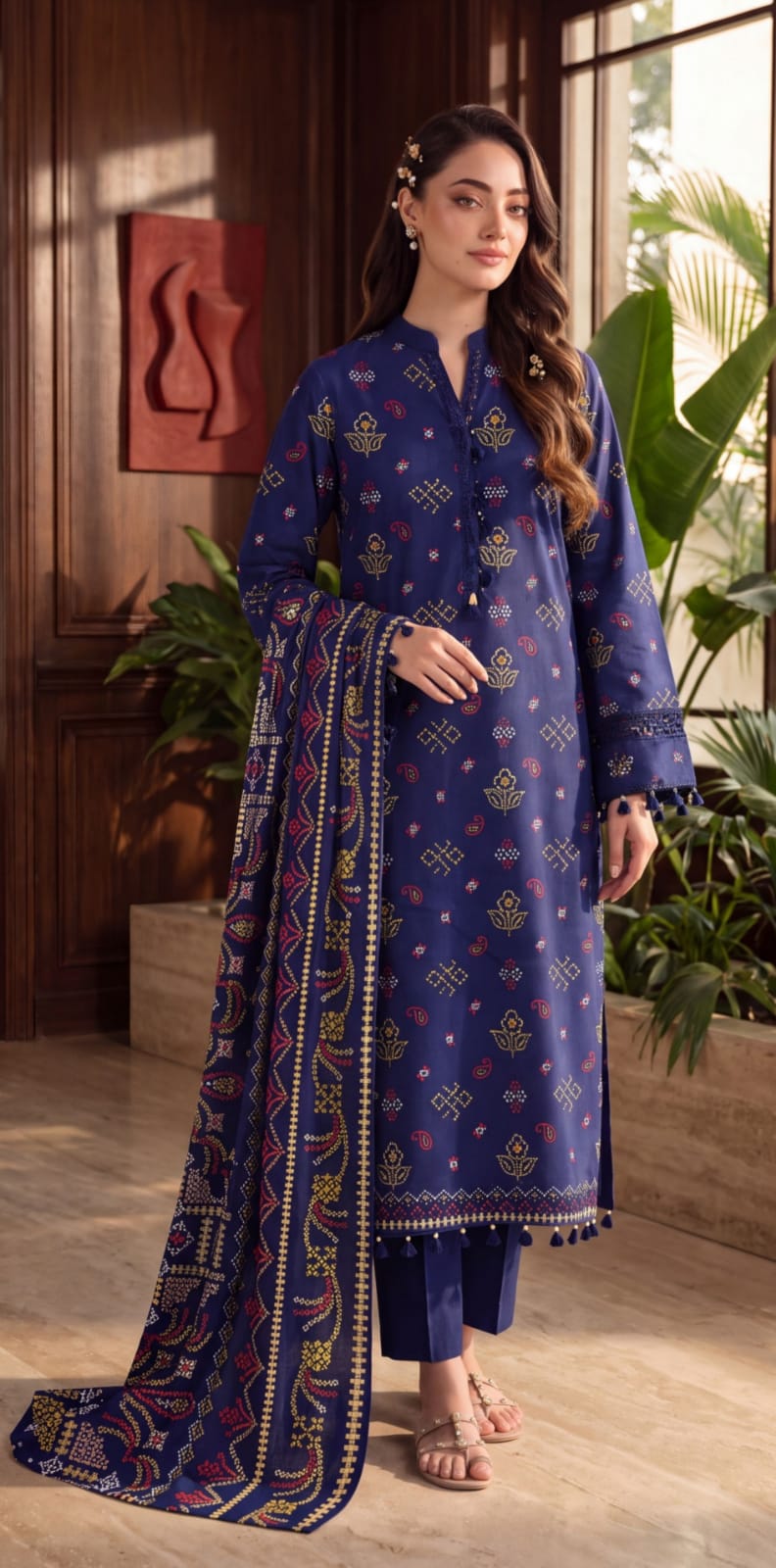 Royal blue printed 3-piece suit with embroidered border from Noreya Loom, featuring detailed fabric and intricate embroidery.