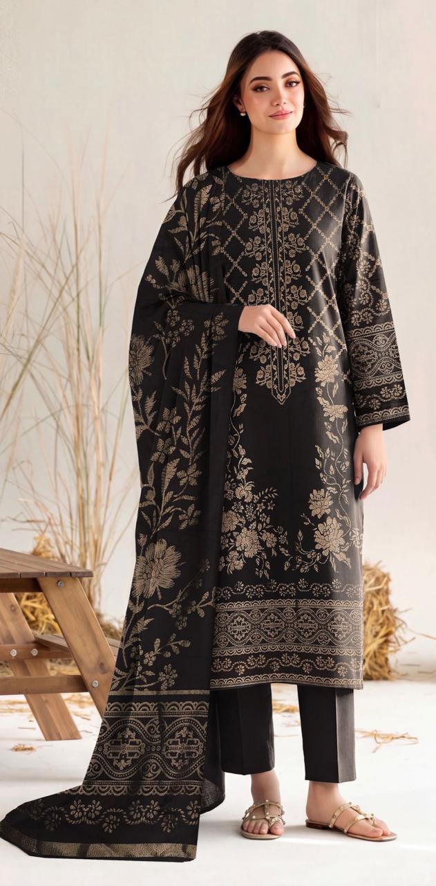 Chocolate brown floral printed women's winter 3-piece suit by Noreya Loom, featuring a matching top, pants, and dupatta.