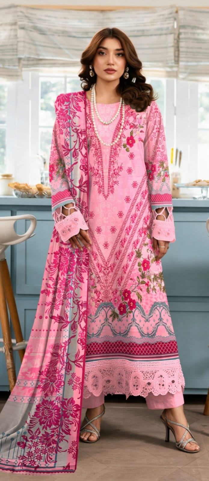 Pink floral printed 3-piece suit with designer dupatta by Noreya Loom, showcasing the elegant fabric and detailed design.