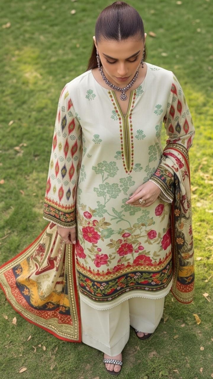 Ivory printed 3-piece winter suit by Noreya Loom featuring elegant floral patterns for a stylish winter look.