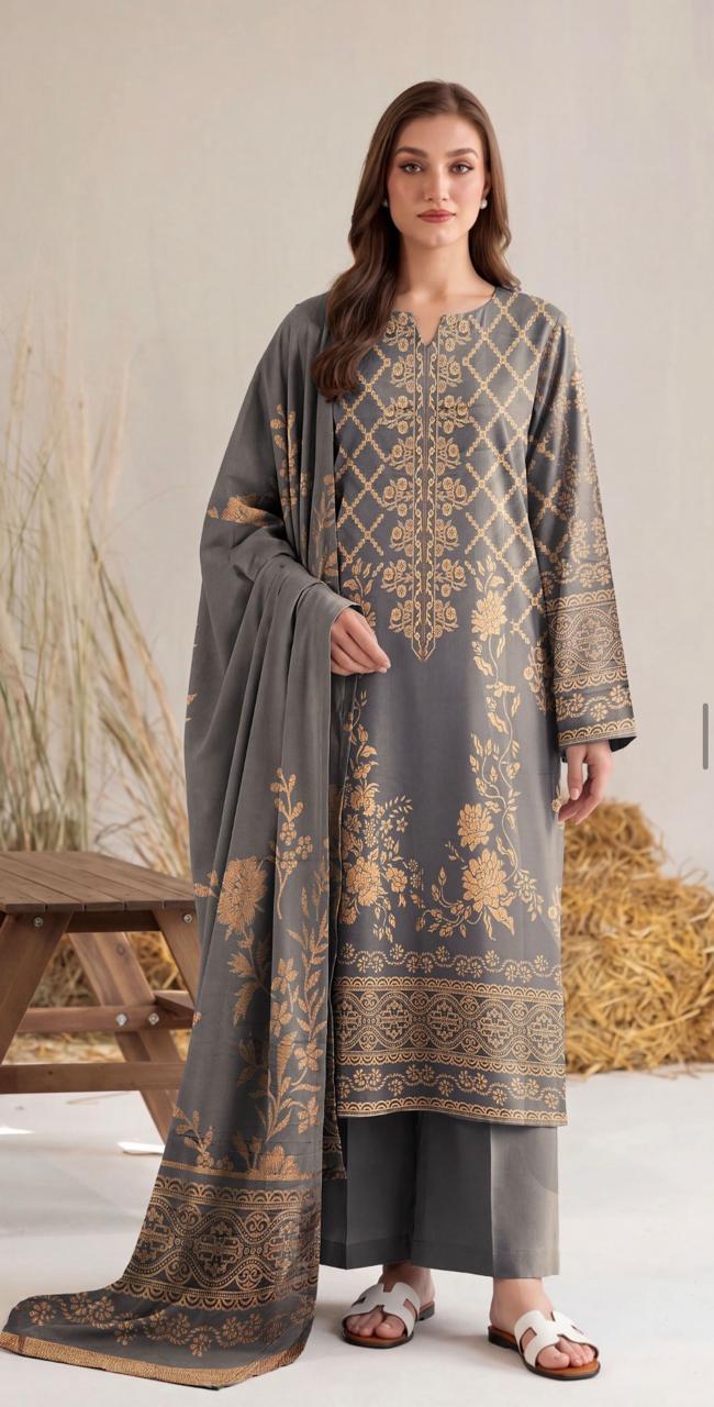 Charcoal grey and golden printed women's winter 3-piece suit by Noreya Loom, showing the coordinated top, pants, and dupatta.
