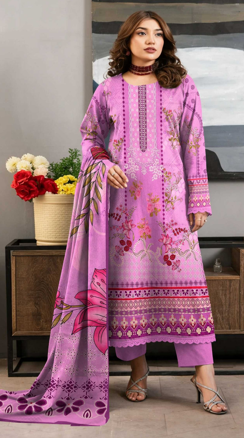 Noreya Loom premium lilac purple floral winter 3-piece printed suit with jacket, pants, and top, featuring vibrant floral patterns.