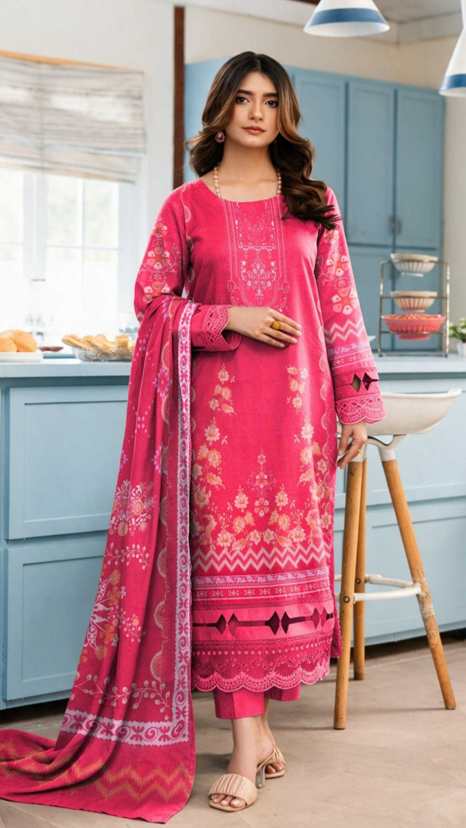 Noreya Loom Rose Pink Bloom printed 3-piece winter suit with floral design, featuring a jacket, pants, and top on a hanger.