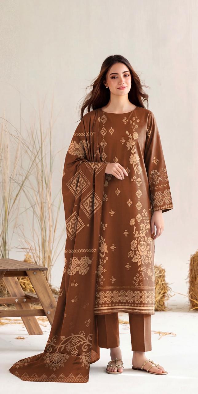 Chocolate brown floral printed women's winter 3-piece suit by Noreya Loom, featuring a suit set with floral designs and warm fabric.